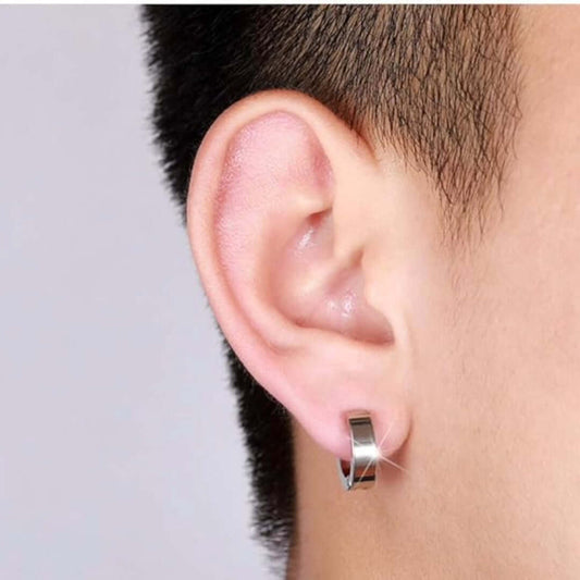 THE MEN THING Nose & Ear Ring Pair  (Both Ears) ONYXLOOP - SILVER - Non-Piercing Pure Titanium Steel Earring for Men & Boys (2 Pcs)