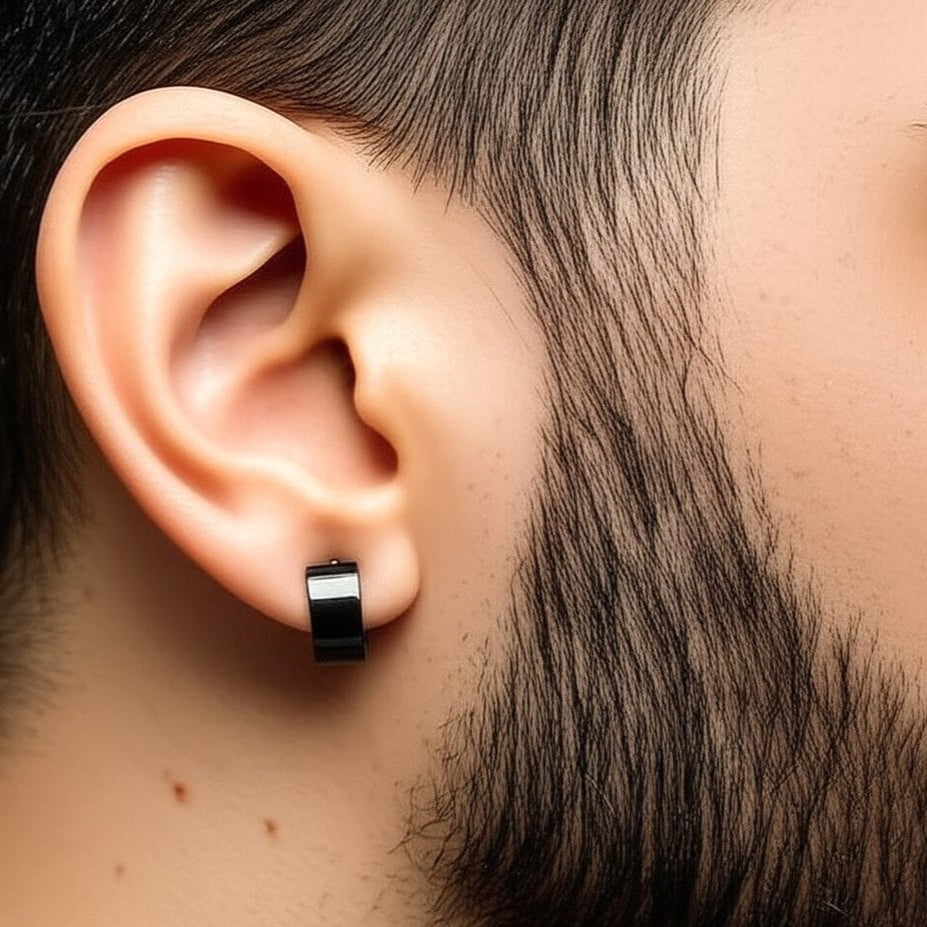 THE MEN THING Nose & Ear Ring Pair (Both Ears) ORIC BLACK - 8mm Titanium Steel Hoop Earrings for Men & Boys (2 Pcs)