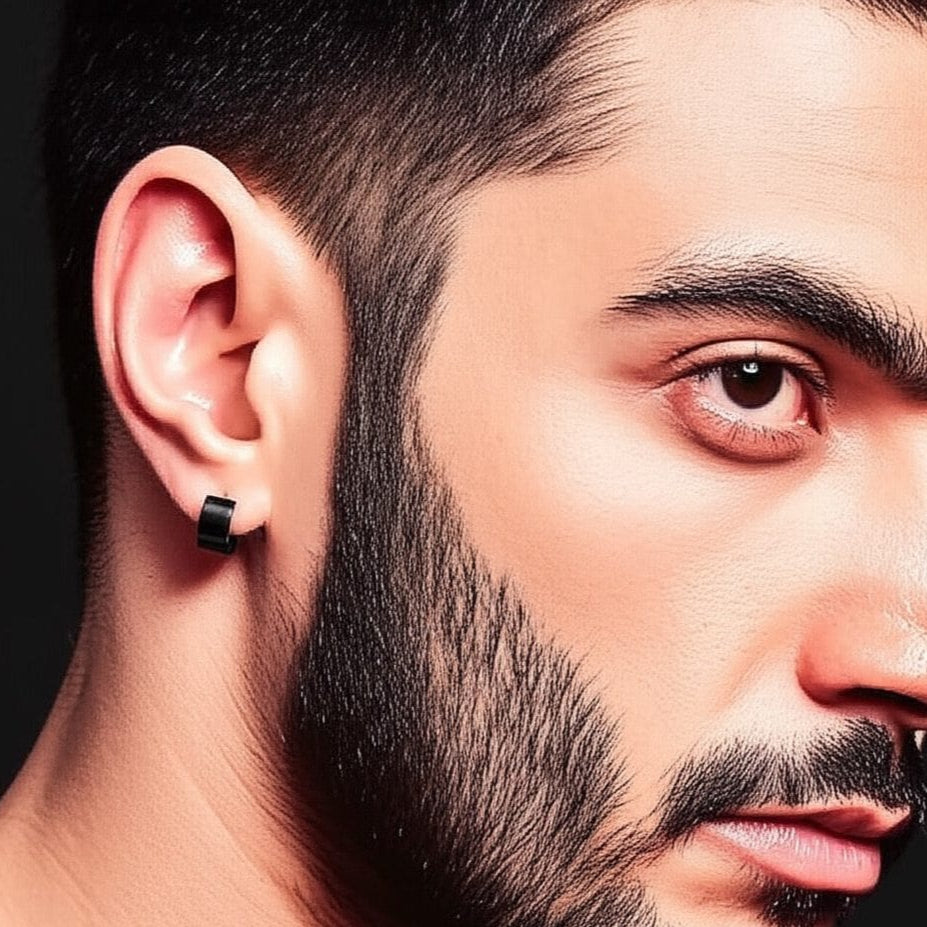THE MEN THING Nose & Ear Ring Pair (Both Ears) ORIC BLACK - 8mm Titanium Steel Hoop Earrings for Men & Boys (2 Pcs)