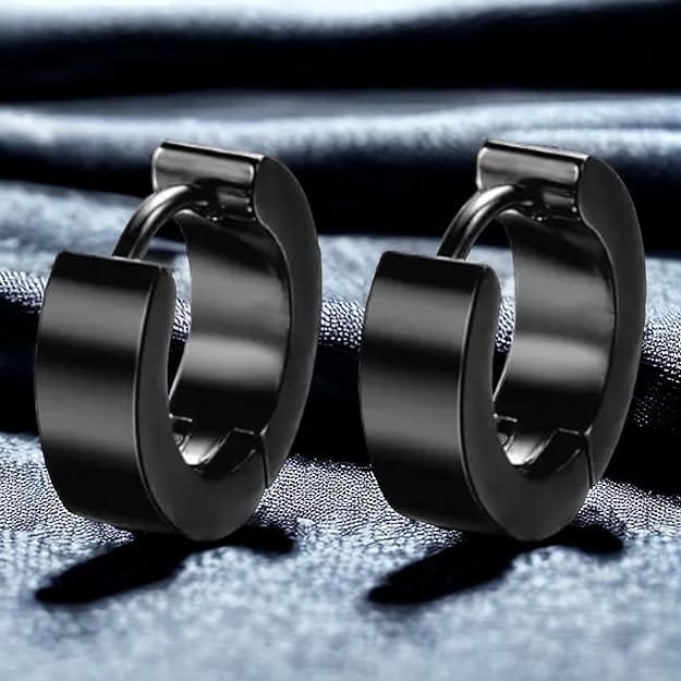 THE MEN THING Nose & Ear Ring Pair (Both Ears) ORIC BLACK - 8mm Titanium Steel Hoop Earrings for Men & Boys (2 Pcs)