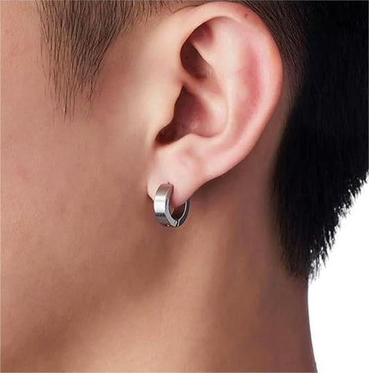 THE MEN THING Nose & Ear Ring Pair (Both Ears) ORIC SILVER - 8mm Titanium Steel Hoop Earrings for Men & Boys (2 Pcs)