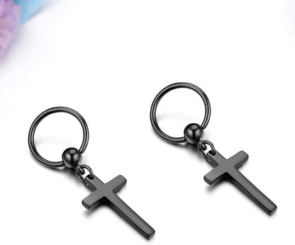 THE MEN THING Nose & Ear Ring Pair (Both Ears) PALADIN BLACK CROSS DROP - Titanium Steel Hoop Earrings for Men & Boys (2 Pcs)