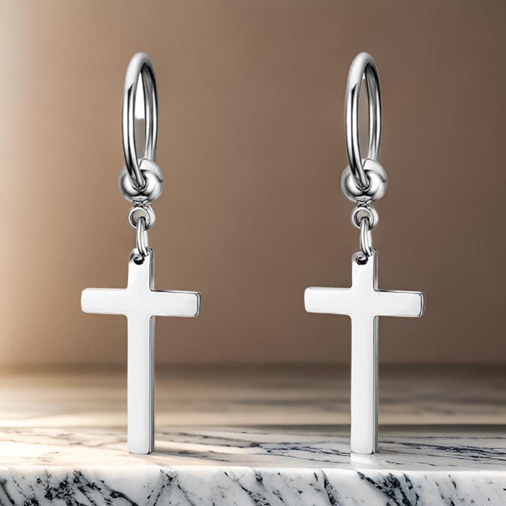 THE MEN THING Nose & Ear Ring Pair (Both Ears) PALADIN SILVER CROSS DROP - Titanium Steel Hoop Earrings for Men & Boys (2 Pcs)