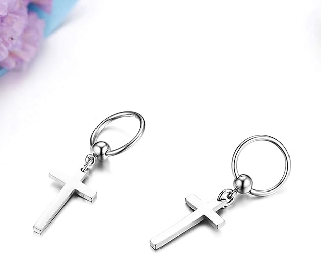THE MEN THING Nose & Ear Ring Pair (Both Ears) PALADIN SILVER CROSS DROP - Titanium Steel Hoop Earrings for Men & Boys (2 Pcs)