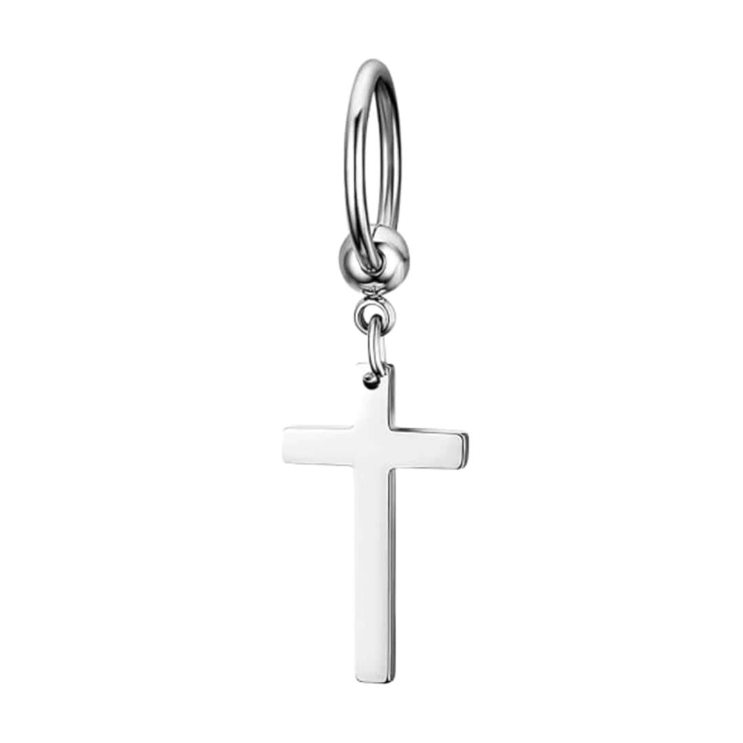 THE MEN THING Nose & Ear Ring Pair (Both Ears) PALADIN SILVER CROSS DROP - Titanium Steel Hoop Earrings for Men & Boys (2 Pcs)