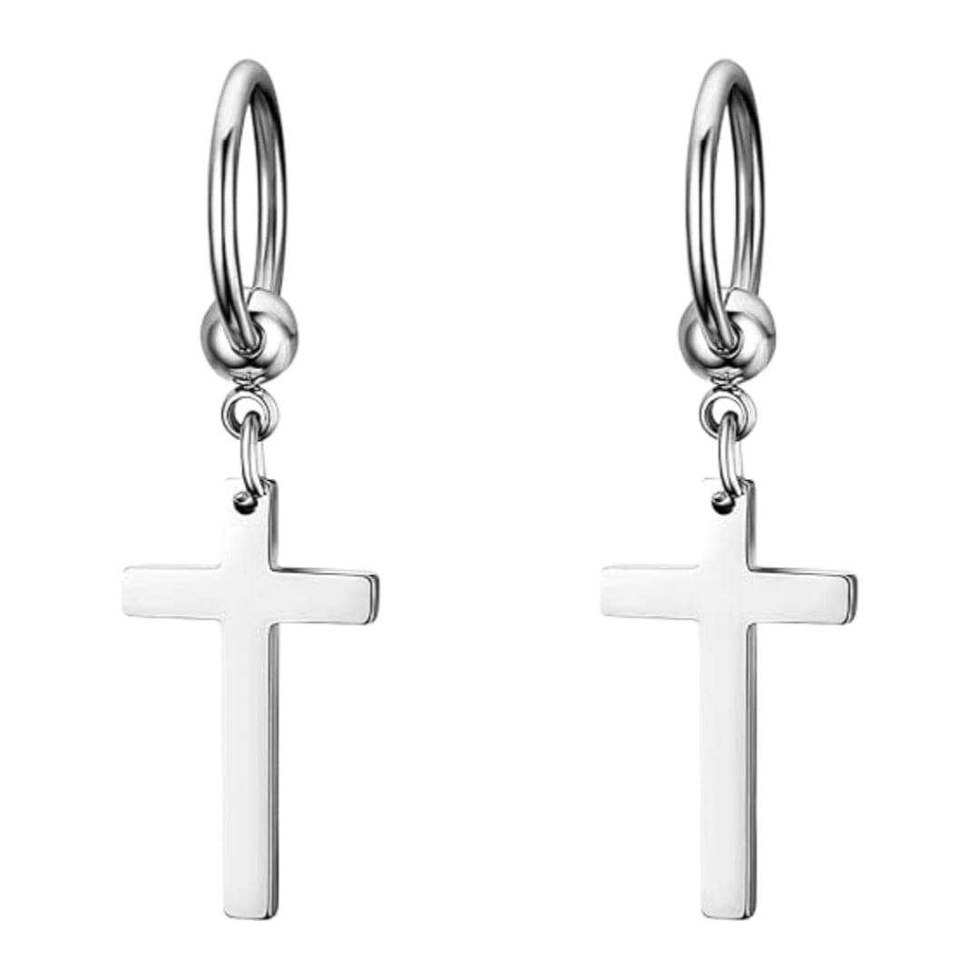 THE MEN THING Nose & Ear Ring Pair (Both Ears) PALADIN SILVER CROSS DROP - Titanium Steel Hoop Earrings for Men & Boys (2 Pcs)