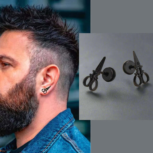 THE MEN THING Nose & Ear Ring Pair  (Both Ears) SCISSORS STUDS BLACK - Pure Titanium Steel Piercing Ear Earrings for Men & Boys (2 Pcs)