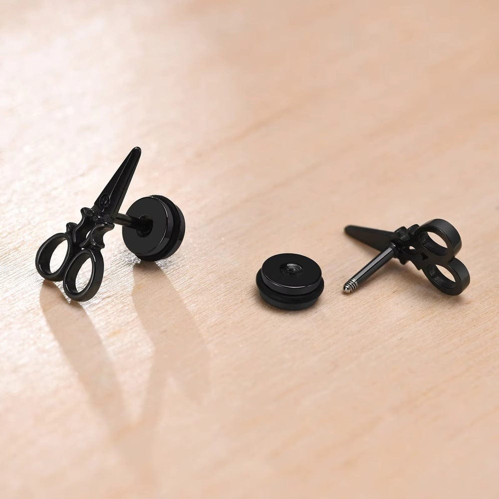 THE MEN THING Nose & Ear Ring Pair  (Both Ears) SCISSORS STUDS BLACK - Pure Titanium Steel Piercing Ear Earrings for Men & Boys (2 Pcs)