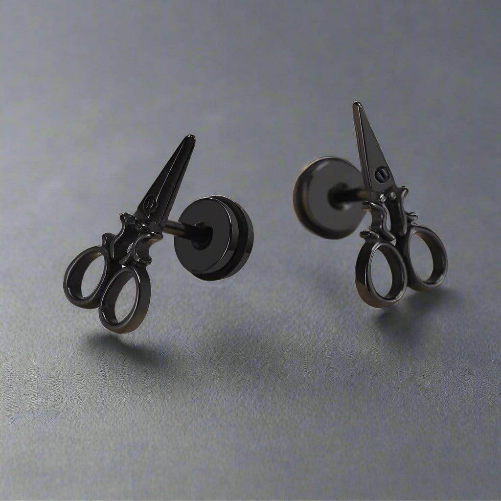 THE MEN THING Nose & Ear Ring Pair  (Both Ears) SCISSORS STUDS BLACK - Pure Titanium Steel Piercing Ear Earrings for Men & Boys (2 Pcs)