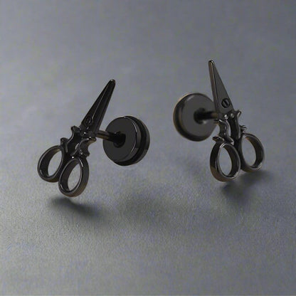 THE MEN THING Nose & Ear Ring Pair  (Both Ears) SCISSORS STUDS BLACK - Pure Titanium Steel Piercing Ear Earrings for Men & Boys (2 Pcs)