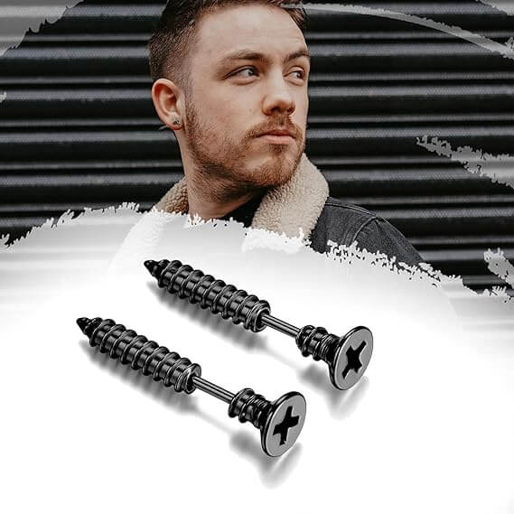 THE MEN THING Nose & Ear Ring Pair  (Both Ears) SCREWHEAD - BLACK - Pure Titanium Steel Ear Hoop Earrings for Men & Boys (2 Pcs)