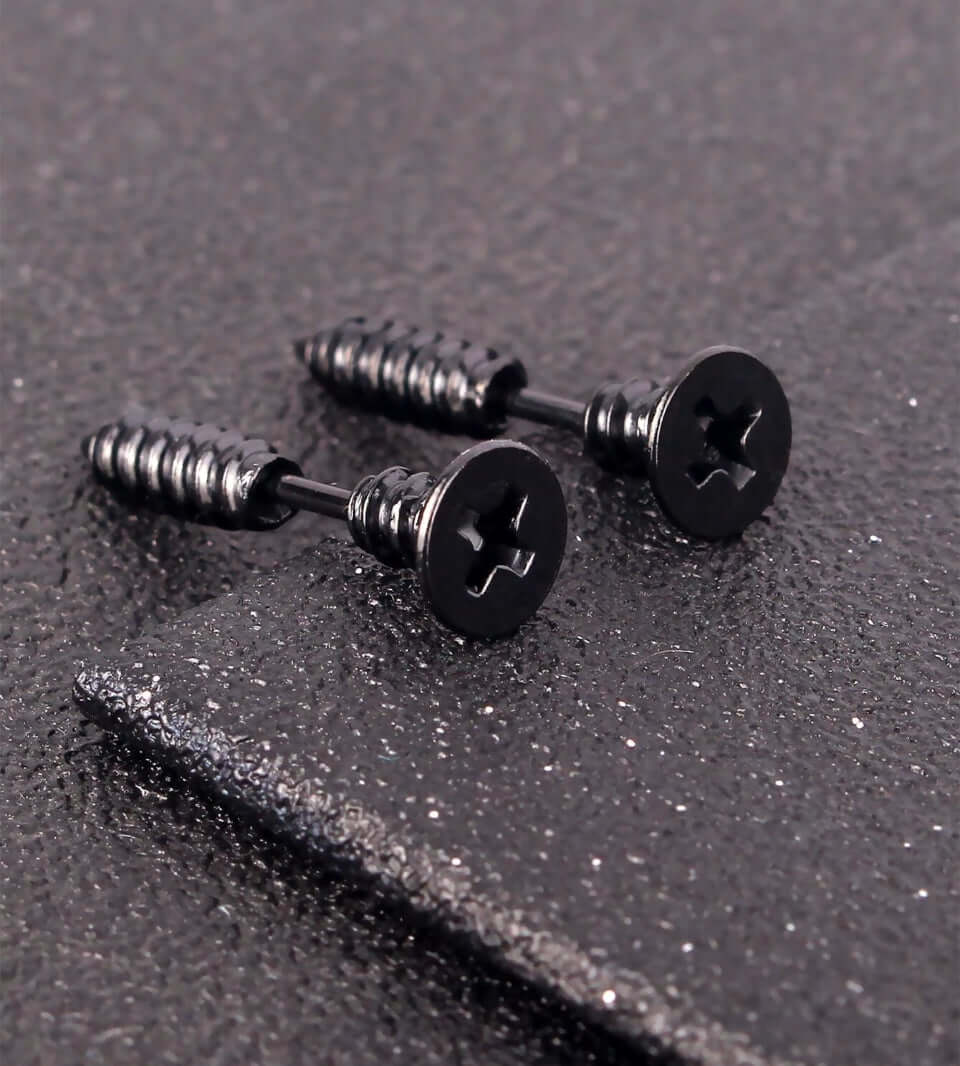 THE MEN THING Nose & Ear Ring Pair  (Both Ears) SCREWHEAD - BLACK - Pure Titanium Steel Ear Hoop Earrings for Men & Boys (2 Pcs)
