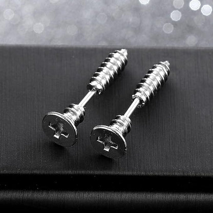 THE MEN THING Nose & Ear Ring Pair  (Both Ears) SCREWHEAD - SILVER - Pure Titanium Steel Ear Hoop Earrings for Men & Boys (2 Pcs)