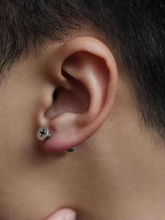 THE MEN THING Nose & Ear Ring Pair  (Both Ears) SCREWHEAD - SILVER - Pure Titanium Steel Ear Hoop Earrings for Men & Boys (2 Pcs)