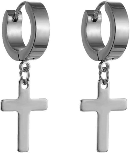 THE MEN THING Nose & Ear Ring Pair  (Both Ears) SHADOW CROSS  - SILVER - Pure Titanium Steel Ear Hoop Earrings for Men & Boys (2 Pcs)