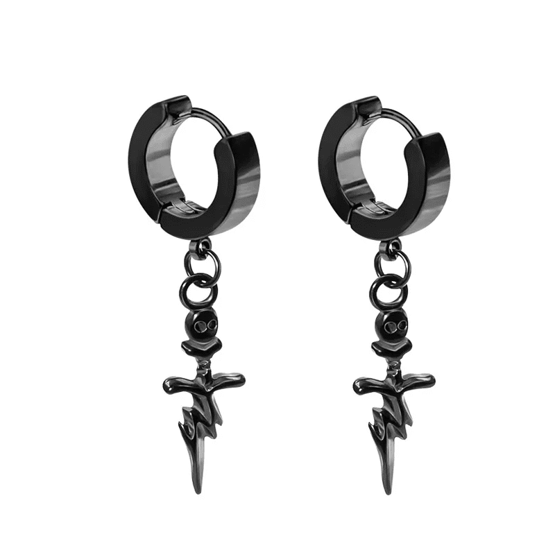 THE MEN THING Nose & Ear Ring Pair  (Both Ears) SKULL DAGGER BLACK - Pure Titanium Steel Ear Hoop Earrings for Men & Boys (2 Pcs)