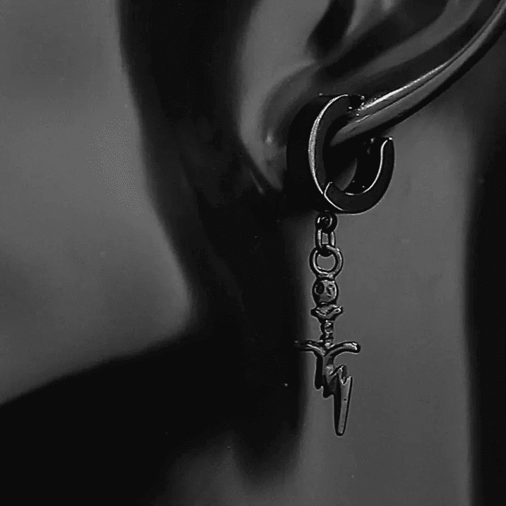 THE MEN THING Nose & Ear Ring Pair  (Both Ears) SKULL DAGGER BLACK - Pure Titanium Steel Ear Hoop Earrings for Men & Boys (2 Pcs)
