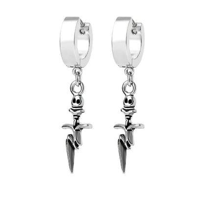 THE MEN THING Nose & Ear Ring Pair  (Both Ears) SKULL DAGGER SILVER - Pure Titanium Steel Ear Hoop Earrings for Men & Boys (2 Pcs)