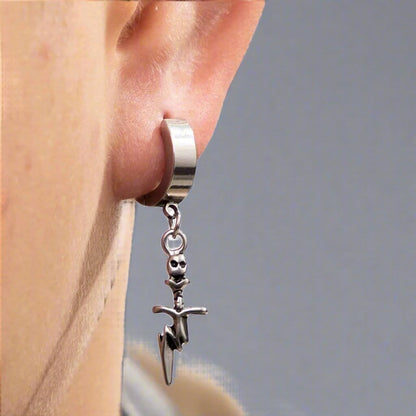 THE MEN THING Nose & Ear Ring Pair  (Both Ears) SKULL DAGGER SILVER - Pure Titanium Steel Ear Hoop Earrings for Men & Boys (2 Pcs)