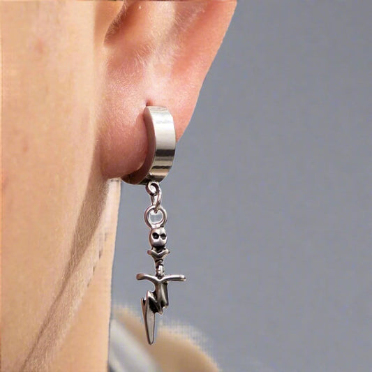 THE MEN THING Nose & Ear Ring Pair  (Both Ears) SKULL DAGGER SILVER - Pure Titanium Steel Ear Hoop Earrings for Men & Boys (2 Pcs)