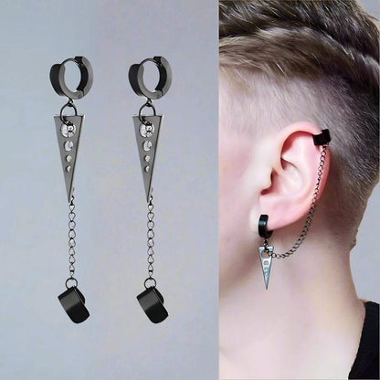 THE MEN THING Nose & Ear Ring Pair  (Both Ears) TRIANGLE DROP SILVER - Titanium Steel Hoop Earrings for Men & Boys (2 Pcs)