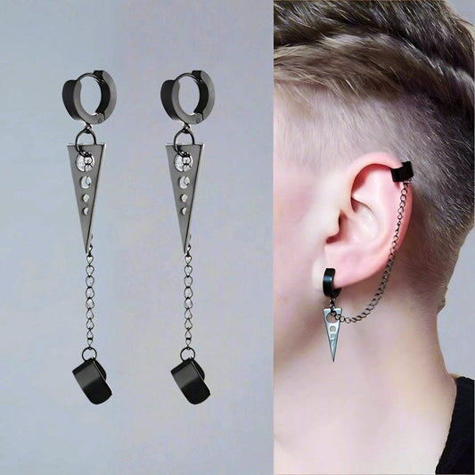 THE MEN THING Nose & Ear Ring Pair  (Both Ears) TRIANGLE DROP SILVER - Titanium Steel Hoop Earrings for Men & Boys (2 Pcs)