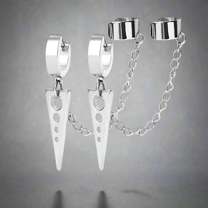 THE MEN THING Nose & Ear Ring Pair  (Both Ears) TRIANGLE DROP SILVER - Titanium Steel Hoop Earrings for Men & Boys (2 Pcs)