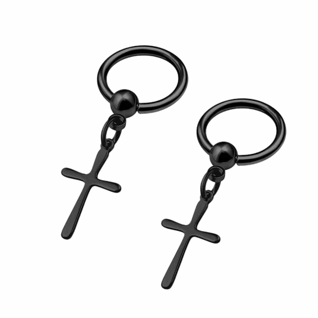 THE MEN THING Nose & Ear Ring Pair (Both Ears) VOIDWALKER BLACK CROSS - Titanium Steel Hoop Earrings for Men & Boys (2 Pcs)
