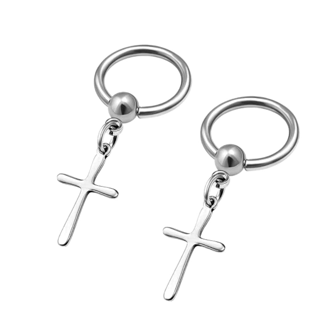 THE MEN THING Nose & Ear Ring Pair (Both Ears) VOIDWALKER SILVER CROSS - Titanium Steel Hoop Earrings for Men & Boys (2 Pcs)