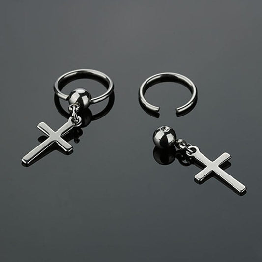 THE MEN THING Nose & Ear Ring Pair (Both Ears) VOIDWALKER SILVER CROSS - Titanium Steel Hoop Earrings for Men & Boys (2 Pcs)