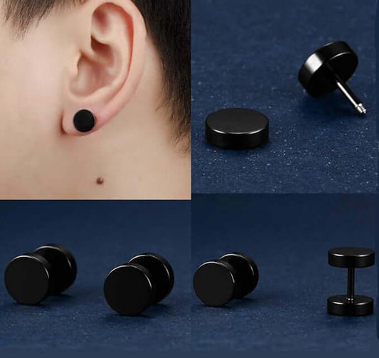 THE MEN THING Nose & Ear Ring ROUND DUMBBELL - BLACK - Pure Titanium Steel Ear Hoop Earrings for Men & Boys (16mm to 2mm) (2 Pcs)