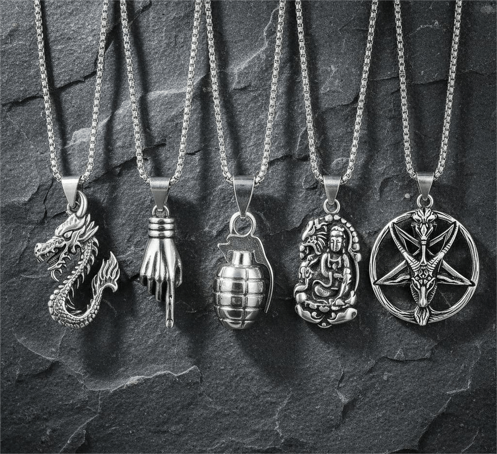 THE MEN THING Pack of 5 Alloy Pendants with 24 inch Stainless Steel Chains for Men & Boys