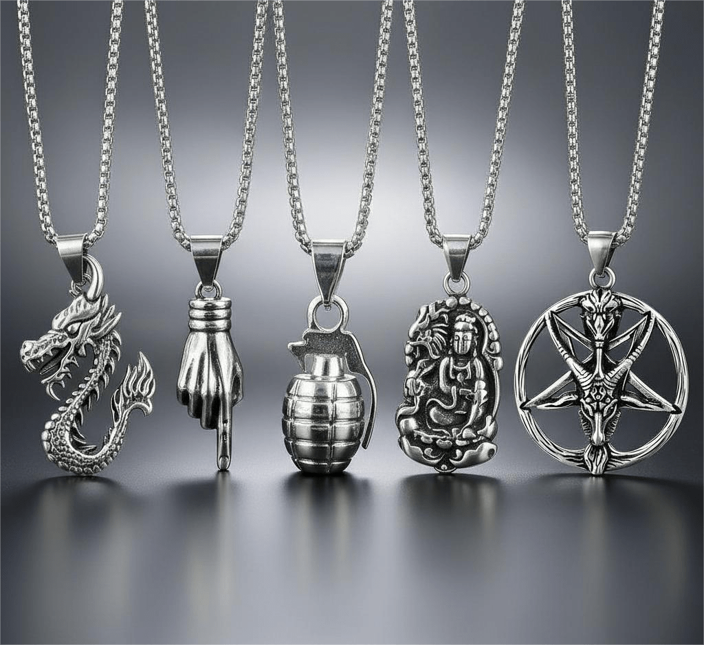 THE MEN THING Pack of 5 Alloy Pendants with 24 inch Stainless Steel Chains for Men & Boys