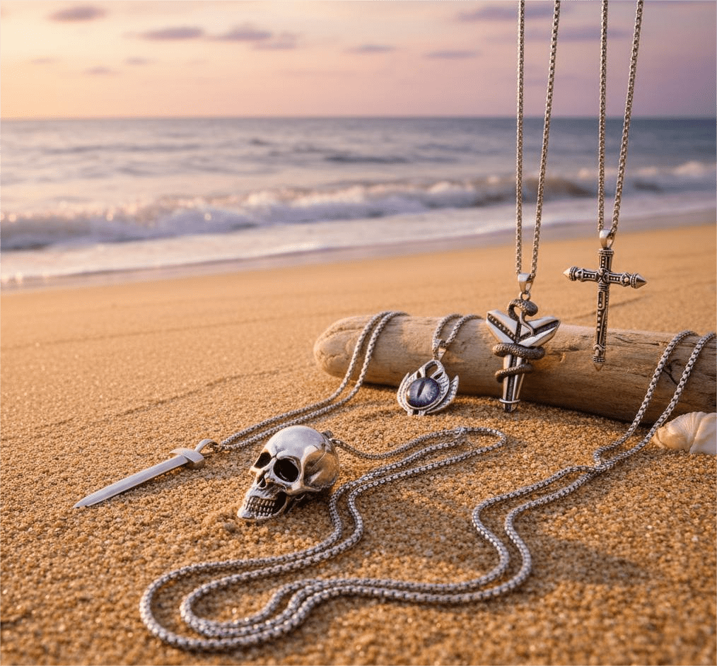 THE MEN THING Pack of 5 Alloy Pendants with 24 inch Stainless Steel Chains for Men & Boys
