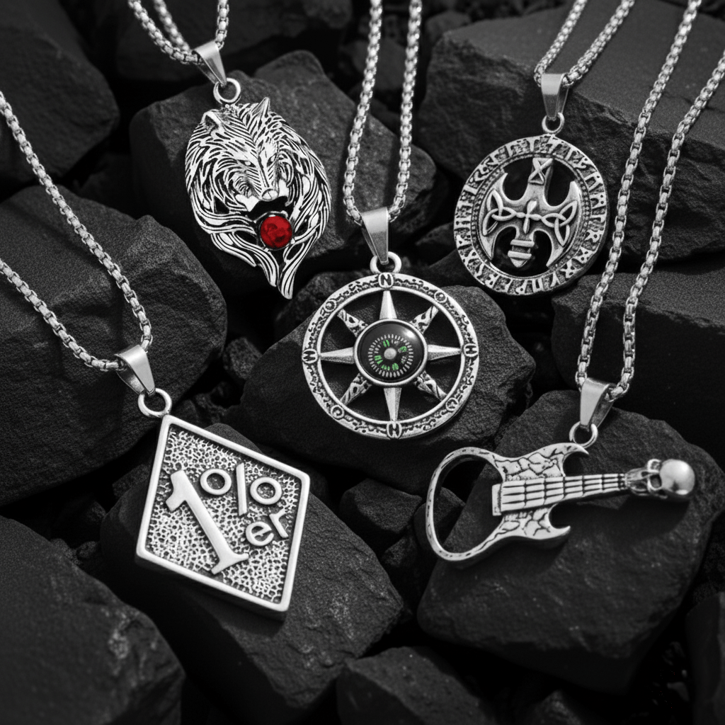 THE MEN THING Pack of 5 Alloy Pendants with 24 inch Stainless Steel Chains for Men & Boys
