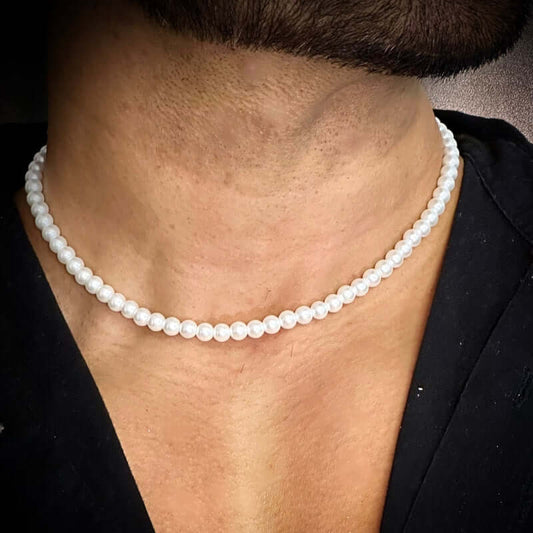 THE MEN THING Pearl / Bead Necklace 16 ROUND PEARL CHOKER  WHITE - Necklace for Men & Boys (16 to 24 Inch) - 1Pc.