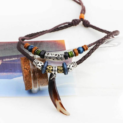 THE MEN THING Pearl / Bead Necklace BOHEMIAN WOLF TOOTH - Wolf Tooth Pendant with Beaded Multilayer Adjustable Rope Necklace for Men and Boys