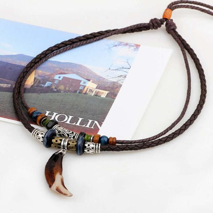 THE MEN THING Pearl / Bead Necklace BOHEMIAN WOLF TOOTH - Wolf Tooth Pendant with Beaded Multilayer Adjustable Rope Necklace for Men and Boys