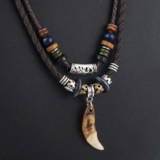 THE MEN THING Pearl / Bead Necklace BOHEMIAN WOLF TOOTH - Wolf Tooth Pendant with Beaded Multilayer Adjustable Rope Necklace for Men and Boys