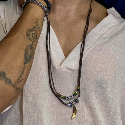 THE MEN THING Pearl / Bead Necklace BOHEMIAN WOLF TOOTH - Wolf Tooth Pendant with Beaded Multilayer Adjustable Rope Necklace for Men and Boys