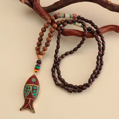 THE MEN THING Pearl / Bead Necklace BOHEMIAN WOOD FISH - Handmade Wood Bead Necklace with Horn Fish Pendant, Long Necklace for Men & Boys  (36 Inch)