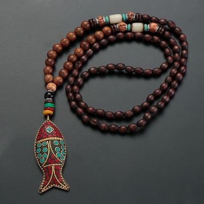 THE MEN THING Pearl / Bead Necklace BOHEMIAN WOOD FISH - Handmade Wood Bead Necklace with Horn Fish Pendant, Long Necklace for Men & Boys  (36 Inch)