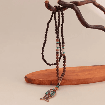 THE MEN THING Pearl / Bead Necklace BOHEMIAN WOOD FISH - Handmade Wood Bead Necklace with Horn Fish Pendant, Long Necklace for Men & Boys  (36 Inch)