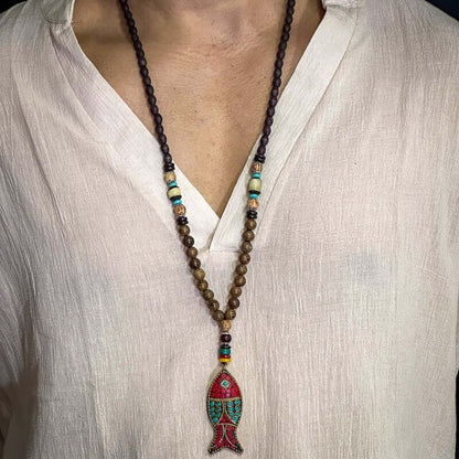 THE MEN THING Pearl / Bead Necklace BOHEMIAN WOOD FISH - Handmade Wood Bead Necklace with Horn Fish Pendant, Long Necklace for Men & Boys  (36 Inch)