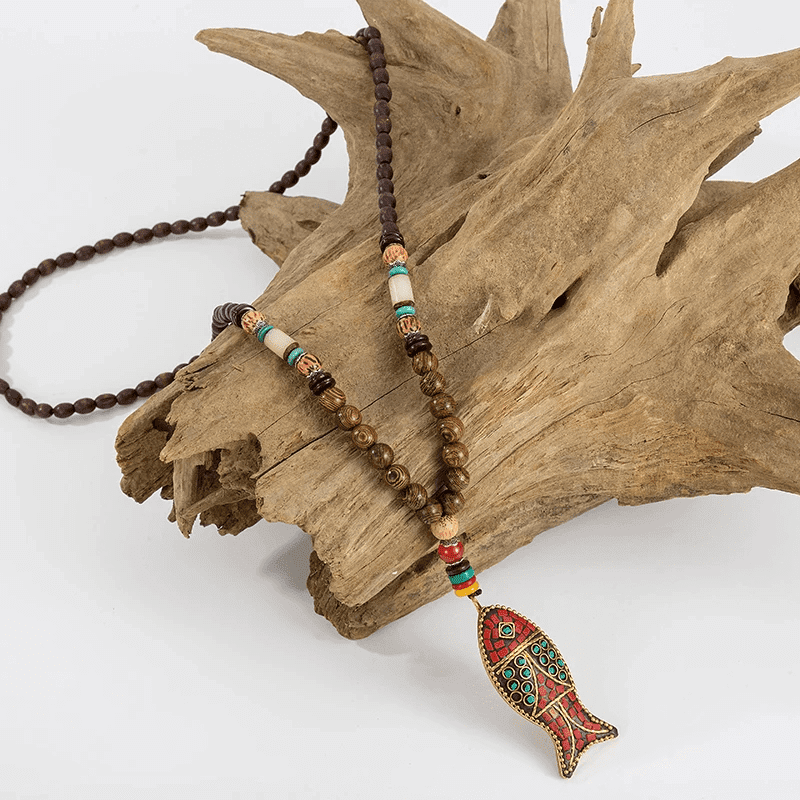 THE MEN THING Pearl / Bead Necklace BOHEMIAN WOOD FISH - Handmade Wood Bead Necklace with Horn Fish Pendant, Long Necklace for Men & Boys  (36 Inch)