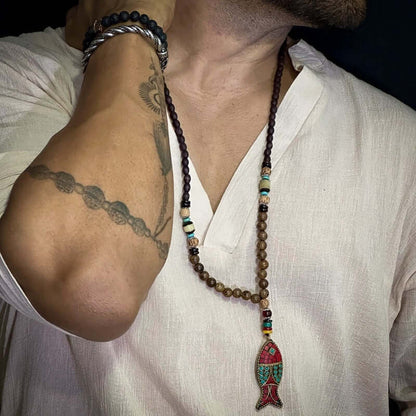 THE MEN THING Pearl / Bead Necklace BOHEMIAN WOOD FISH - Handmade Wood Bead Necklace with Horn Fish Pendant, Long Necklace for Men & Boys  (36 Inch)