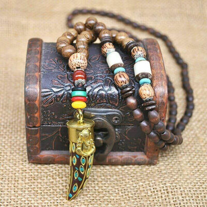 THE MEN THING Pearl / Bead Necklace BOHEMIAN WOOD GANESHA - Handmade Wood Beads Necklace with Ganesh Pendant Long Necklace for Men & Boys (36 Inch)