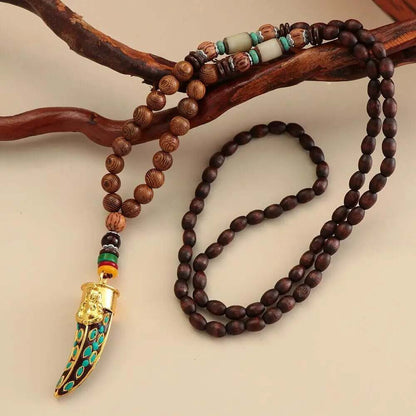 THE MEN THING Pearl / Bead Necklace BOHEMIAN WOOD GANESHA - Handmade Wood Beads Necklace with Ganesh Pendant Long Necklace for Men & Boys (36 Inch)