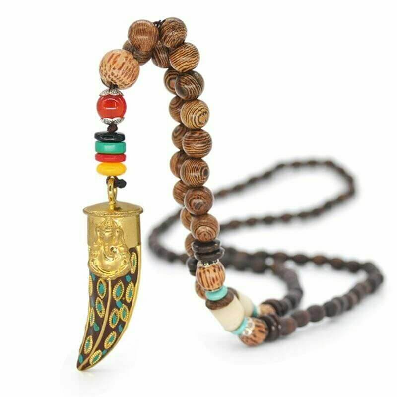 THE MEN THING Pearl / Bead Necklace BOHEMIAN WOOD GANESHA - Handmade Wood Beads Necklace with Ganesh Pendant Long Necklace for Men & Boys (36 Inch)