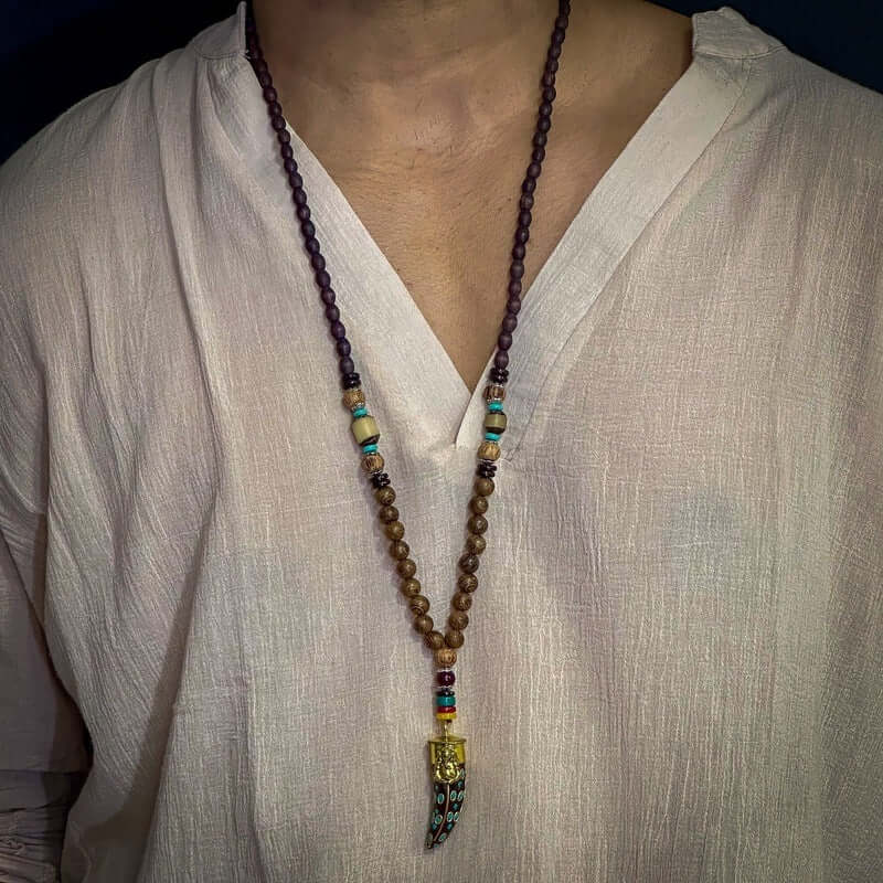 THE MEN THING Pearl / Bead Necklace BOHEMIAN WOOD GANESHA - Handmade Wood Beads Necklace with Ganesh Pendant Long Necklace for Men & Boys (36 Inch)